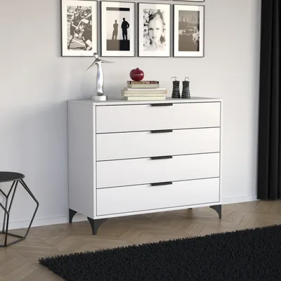 Produktbild von BEAUTYSOFA Kommode Home 100cm Weiß, modernes Sideboard mit 4 Schubladen, Anrichte für Wohnzimmer, Schlafzimmer & Flur mit Griffen und Metallbeinen