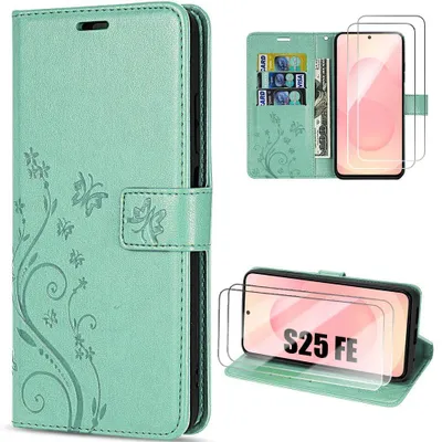 Image de Coque + 2 Verres Trempés pour Samsung Galaxy S25 FE, Protection Antichoc Anti-Rayures CuirPolyuréthaneMotif Fleur - Vert