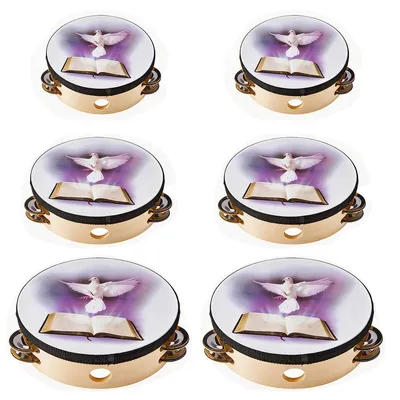 Produktbild von Tamburin Set Kinder Handtrommel 6er Set 6/8/10 Zoll Doppelreihen Schellen Holzrahmen für Musikunterricht Kirche Kindergarten Rhythmus