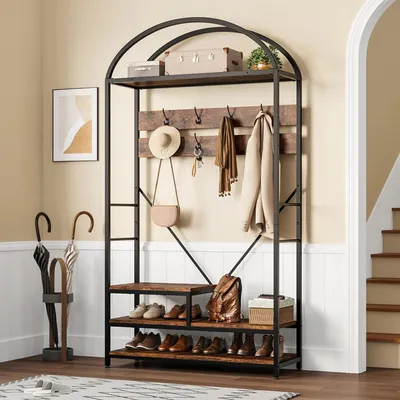Immagine prodotto di Appendiabiti con contenitore per scarpe - Appendiabiti autoportante per l'ingresso - 16 ganci - 4 ripiani - Struttura in metallo - 100 cm - Stile vintage