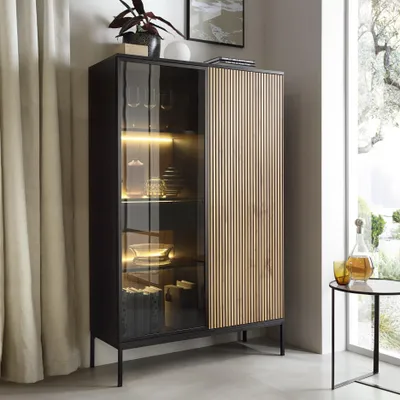 Produktbild von Moderne Geriffelte Hochvitrine LAGOS W2D1SZ Schwarz Eiche Wotan LED Metallfüßen Schrank Highboard
