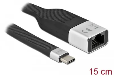 Produktbild von DeLOCK FPC Flachbandkabel USB Type-C zu Gigabit LAN 10/100/1000 Mbps 15 cm, Kabelgebunden, USB Typ-C, Ethernet, 1000 Mbit/s, Schwarz, Silber
