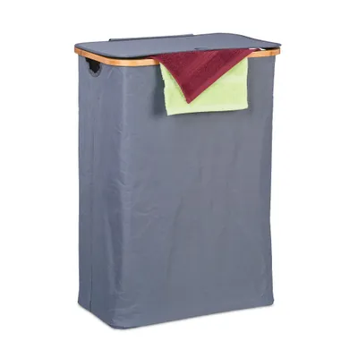 Produktbild von Relaxdays Wäschekorb mit Deckel, 105 l, Wäschesammler, Bambus & Polyester, faltbar, tragbar, Wäschekiste, grau/natur