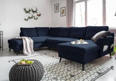 Image de MIUFORM Stylish Stan - Canapé d'angle avec fonction lit et coffre de lit U-FORM GAUCHE - 300x198cm - Velours bleu marine - Canapé-lit Canapé