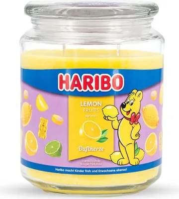 Produktbild von Haribo™ Duftkerze Lemon Fruits, 2 Dochte, HxD: 13 x 10 cm, 100h Brenndauer, Kerze im Glas, Zitrone & Grapefruit, gelb