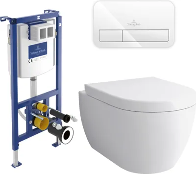 A set of wall-mounted toilet components including a concealed cistern, flush plate, and a wall-hung toilet bowl, presented against a white background.