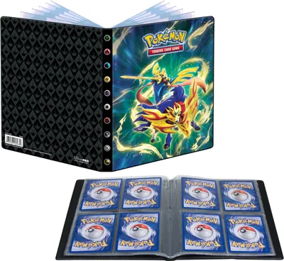 A Pokémon trading card album is shown open and closed, displaying its cover art and card slots.