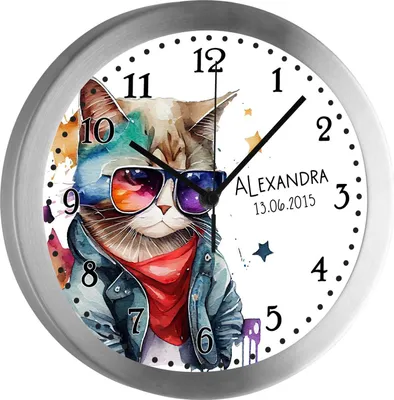 A wall clock with a watercolor illustration of a cool cat wearing sunglasses and a denim jacket.