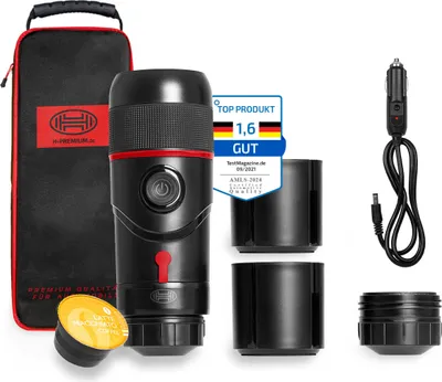 Produktbild von HEYNER® Espressomaschine mobile Reisekaffeemaschine, Minipresso für Auto mit extra Becher 12V "Black Edition"