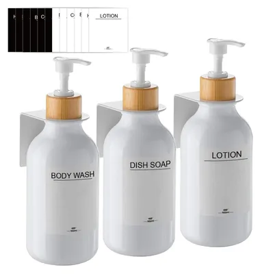 Image de Distributeur de savon mural, sans perçage, lot de 3, distributeur de savon 500 ml, distributeur de shampoing, distributeur de savon de douche, distributeur de liquide vaisselle, distributeur de shampoing pour la cuisine et la salle de bain (blanc)