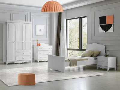 Image de Ensemble de meubles Lit Table de chevet Commode Armoire Moderne Blanc 4 pièces Stylé