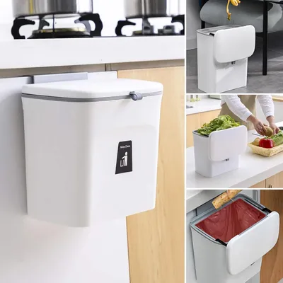 Image de Poubelle suspendue de 7 litres, blanche, avec couvercle, pour la cuisine