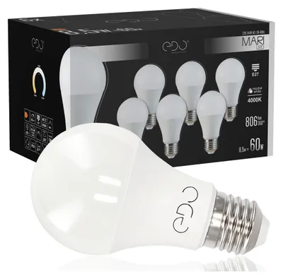 A product box for LED light bulbs with a single light bulb in the foreground.