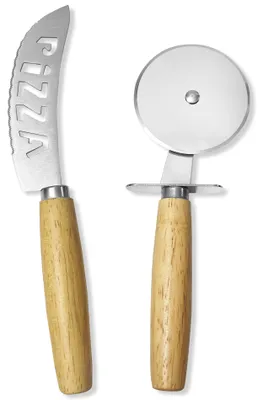 Pizzaschneider-Set, 2 Stück, Edelstahl, Holzgriff, 19 cm und 20,9 cm