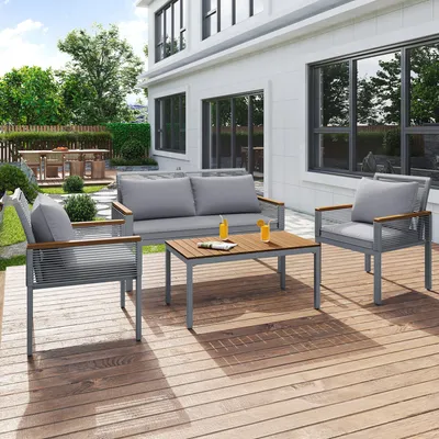 Produktbild von Gartenmöbel-Set, Rattan-Terrassen-Lounge, Outdoor-Sofaset mit Doppelsofa, 2 Sesseln und einem Tisch für Garten, Hinterhof, Veranda, grau
