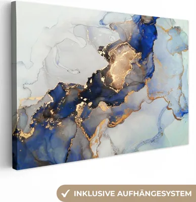 Produktbild von MuchoWow® - Leinwandbilder - Marmor - Blau - Gold, Wandbild, Wanddeko Bilder Wohnzimmer, 90x60 cm
