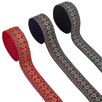 Produktbild von Jacquard-Band mit Blumenstickerei - 3 Rollen à 15 Yards - Gewebtes Stoffband im ethnischen Stil