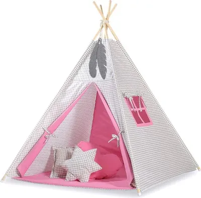 Immagine prodotto di Tenda Tipi per bambini - tenda da gioco - 100% cotone, con tappeto da gioco e piume decorative