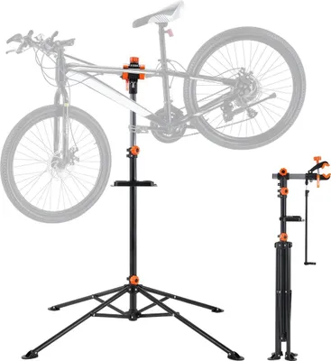 Immagine prodotto di Cavalletto per riparazione biciclette, cavalletto per riparazione biciclette in acciaio resistente da 80 libbre, cavalletto per manutenzione biciclette regolabile in altezza con braccio telescopico e vassoio magnetico per utensili, cavalletto pieghevole per biciclette per uso domestico e negozi
