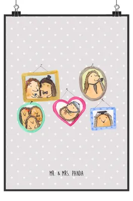 Produktbild von Mr. & Mrs. Panda Bild Igel Familie DIN A3 - Grau Pastell - Geschenk, Muttertag, Bilder, Mama, wanddeko, drucke, Wandbild, Liebe, Plakat, kunstdruck poster