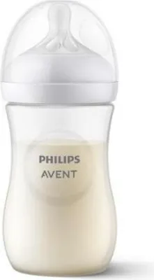 A clear, professional studio shot of a Philips AVENT baby bottle filled with milk, against a white background.