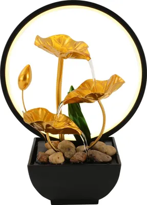 Produktbild von Tischbrunnen - Zimmerbrunnen Wasserfall - LED-Beleuchtung - Lotus-Design - Größe 22x13x28 cm - Metall - Für Zuhause & Büro - Schwarz