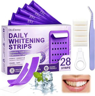 Productafbeelding van Lila tandbleekstrips, set voor tandbleking, bleekstrips | 14 paar, 28 strips, antislip, voor thuisgebruik, geschikt voor koffievlekken en wijnvlekken