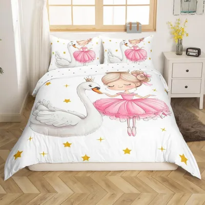 Productafbeelding van Beddengoedset 135x200 cm, roze en wit, met zwaanprint, microvezel, met rits en 1 kussensloop van 80x80 cm