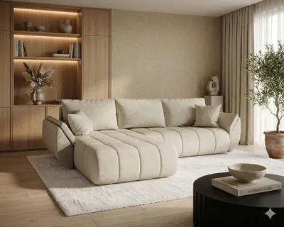 Produktbild von CORNERO Ecksofa mit Schlaffunktion SYDNEY PREMIUM Sofa L-Form Couch mit Bettkasten, Eckcouch mit Stauraum Creme Ottomane links