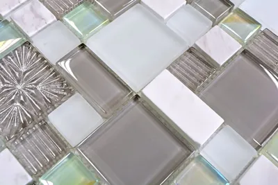 Produktbild von Handmuster Mosaikfliese Transluzent weiß grau Kombination Glasmosaik Crystal Stein weiß grau weiß matt MOS88-MC659_m