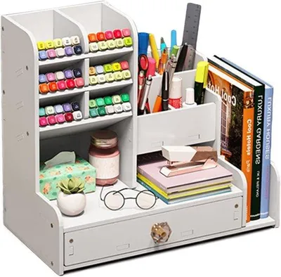 Produktbild von Holz-Kunststoff-Schreibtischorganizer, DIY-Stiftehalter, großer Schreibtischorganizer mit Schublade, Schreibtischorganizer für Zuhause, Büro