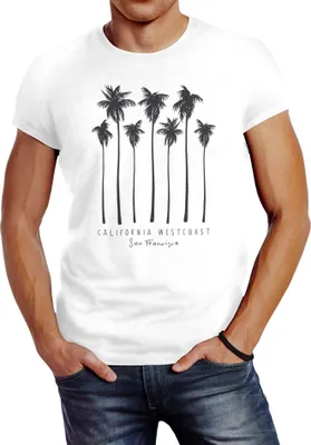 Produktbild von Herren T-Shirt Palmen California Westcoast Palms Summer Slim Fit Neverless® weiß L