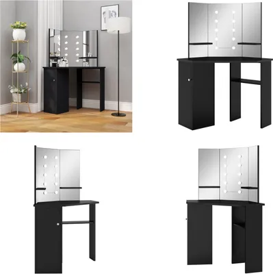 Produktbild von vidaXL Eck Schminktisch mit LED Schwarz 111x54x141,5 cm - Schminktisch - Schminktische - Kosmetiktisch - Kosmetiktische