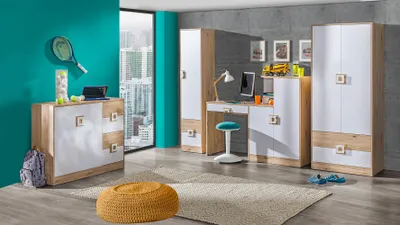 Produktbild von Jugendzimmer Kinderzimmer Set A Fabian, 4-teilig, Farbe: Eiche Hellbraun / Weiß