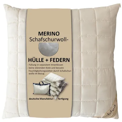 Produktbild von Feder Kopfkissen mit Schafschurwollbezug in 80x80 cm - Kopfkissen m. Kuschelfeeling ohne Schwitzen
