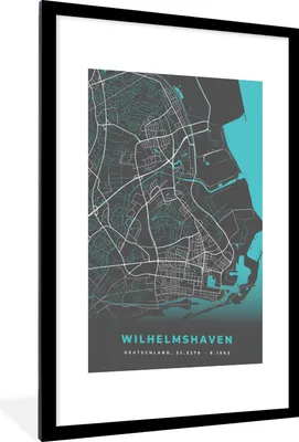 Produktbild von MuchoWow® Gerahmtes Poster Blau - Deutschland - Karte - Stadtplan - Wilhelmshaven 60x90 cm - Poster mit Schwarzem Bilderrahmen Wandposter Rahmen Foto Bilder - Dekoration - Wandposter Wohnzimmer - Hochwertig