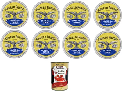 Produktbild von Angelo Parodi Trancio di Tonno in olio di Oliva Thunfischsteak in Olivenöl 8x150gr + Italian Gourmet Polpa di Pomodoro 400g