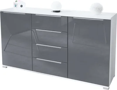 Produktbild von Vladon Sideboard Linio V1, Anrichte mit 2 Türen und 4 Schubladen, Weiß matt / Grau Hochglanz (138,5 x 75,5 x 35 cm)