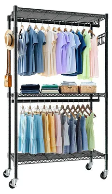 Produktbild von Rollbarer Kleiderständer, Schwerlast, Schwarz, Mit Rollen, 3 Etagen, 2 Kleiderstangen & seitlichen Haken