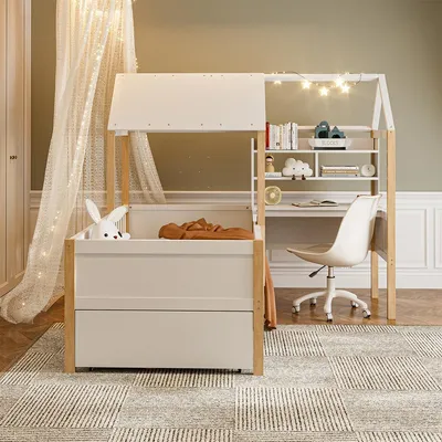 Produktbild von Kinderbett mit L-förmigem Schreibtisch und Bücherregal, Rausfallschutz und Lattenrost, Schubladen mit Rollen, Massivholz, weiß, 90 x 200 cm