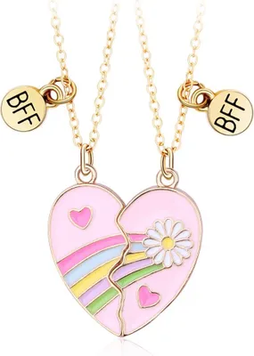Produktbild von Náhrdelník Bixorp Friends BFF pre 2 s ružovým srdcom - Zlatá farba - Daisy & Rainbow - Magnetický náhrdelník priateľstva - Dve polovice Najlepší priatelia - Darček pre priateľstvo pre dvoch
