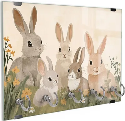 Produktbild von DEQORI Schlüsselbrett Glas 30x20 cm 'Langohrfamilie im Glück' Schlüssel Halter Haken