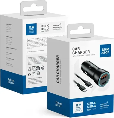 Image de Blue Star chargeur de voiture 25W (PD, QC 3.0, AFC, PPS) avec port USB C et câble USB C-C 60W