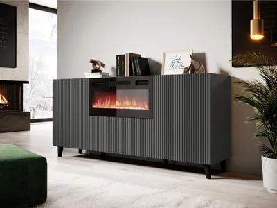 A modern living room with a grey sideboard featuring an electric fireplace.