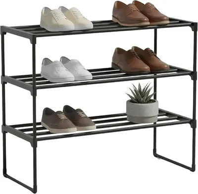 Zdjęcie produktu dla Półka na buty - 3 poziomy - System montażu - 55x68x30 cm - Metalowa konstrukcja - Półki z tworzywa sztucznego - Czarny kolor