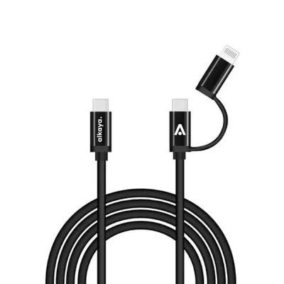 Produktbild von alkaya. iPhone, Samsung, Huawei, Xiaomi, Google, Sony, iPad, AirPods, MacBook - 2 in 1 Ladekabel USB-C + Lightning, Datenkabel schwarz - 1m | 15W/12W