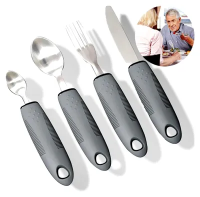 Produktbild von 4-teiliges adaptives Besteckset für Rechtshänder, ergonomisches Besteck für Senioren und Menschen mit Behinderungen
