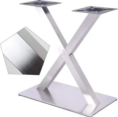 A silver X-shaped table leg base with two mounting plates on top, shown against a white background. A close-up inset shows the brushed metal texture.