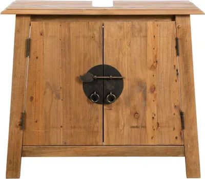 A wooden cabinet with two doors and a metal latch.