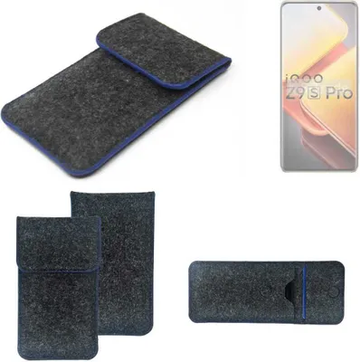 Produktbild von K-S-Trade Handy-Hülle Schutz-Hülle kompatibel mit Vivo iQOO Z9s Pro Filztasche Pouch Tasche Case Sleeve Filzhülle dunkelgrau, blauer Rand